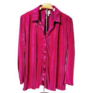 Jessica Simpson Hot Pink Blouse Button Down Top Stretchy Pleats Flowy Festive LG